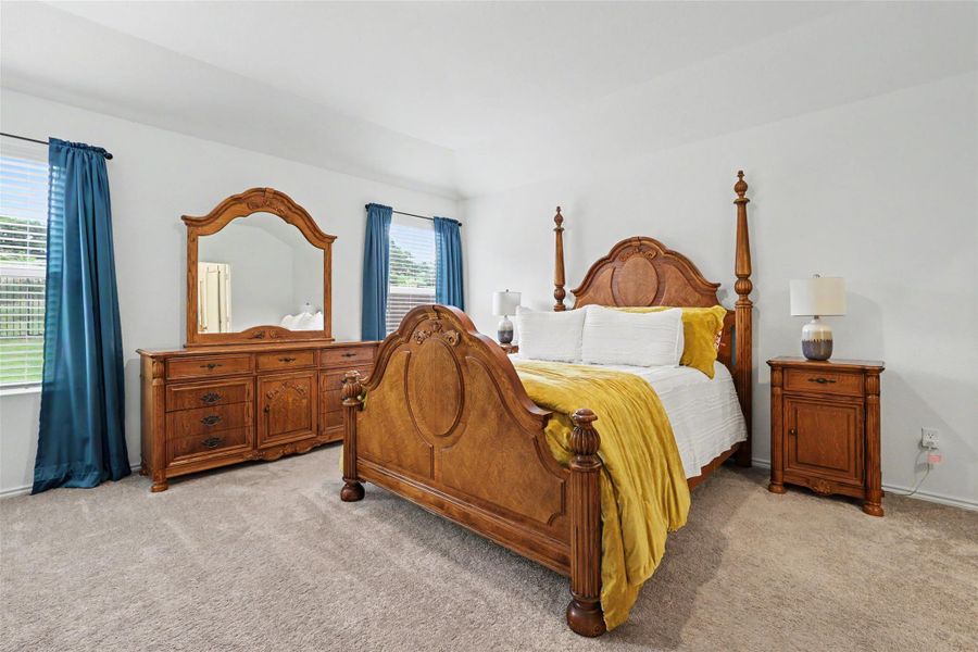 Spacious interior room featuring light-colored carpeting, multiple windows with blinds, a prominent tray ceiling, and neutral wall tones