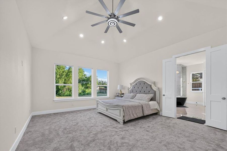 Vaulted ceiling with recessed lighting and a contemporary ceiling fan Vaulted ceiling with recessed lighting and a contemporary ceiling fan