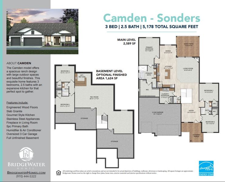 2D floor plan layout for the Camden Sonders by Bridgewater Homes in Sonders Fort Collins, Fort Collins, CO (Image 3).