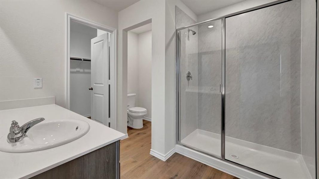 Bathroom featuring a glass-enclosed shower with paneling, a single vanity with a white countertop and undermount sink, and wood-finish flooring