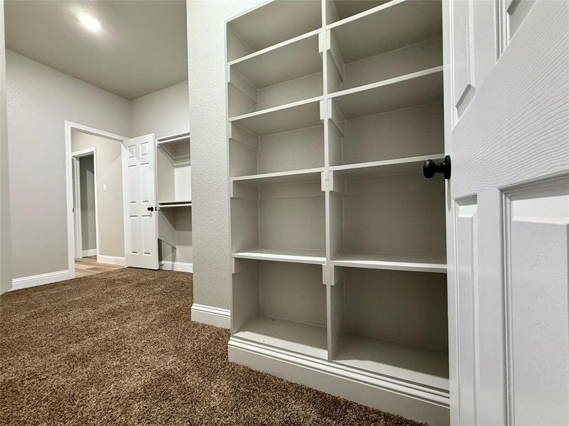 Walk in closet featuring dark carpet CONNECTS  FROM LAUNDRY ROOM TO MASTER BATRHOOM.
