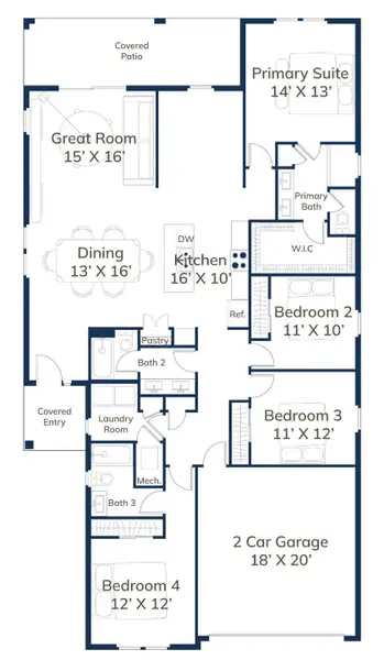 2D floor plan layout for the Palomino by Estela Living in Juliette Falls, Ocala, FL (Image 3). 2D floor plan layout for the Palomino by Estela Living in Juliette Falls, Ocala, FL (Image 3).