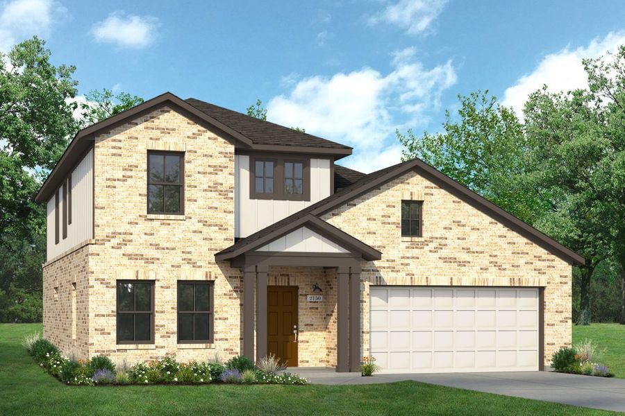 Rendering of two story home with two-tone tan stucco, siding, accents, and garage, with light brick, driveway, and landscaping Rendering of two story home with two-tone tan stucco, siding, accents, and garage, with light brick, driveway, and landscaping