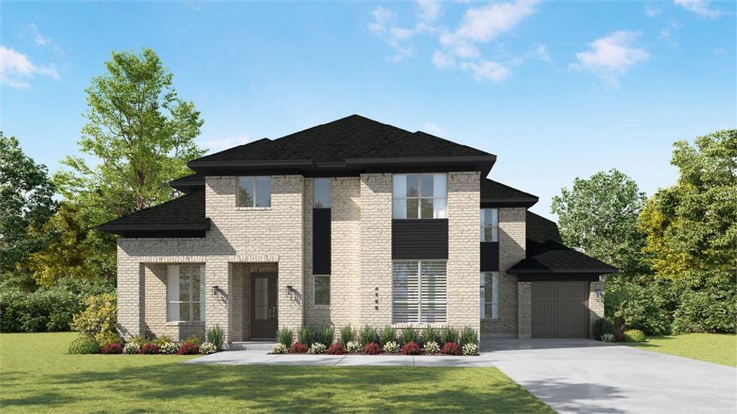 Front exterior of a new home in Sandbrock Ranch, Aubrey, TX, highlighting curb appeal (Image 1). Front exterior of a new home in Sandbrock Ranch, Aubrey, TX, highlighting curb appeal (Image 1).