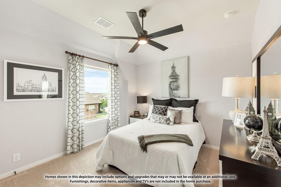 Bedroom with ceiling fan, carpeted floor, large window, and white bedding with decorative pillows