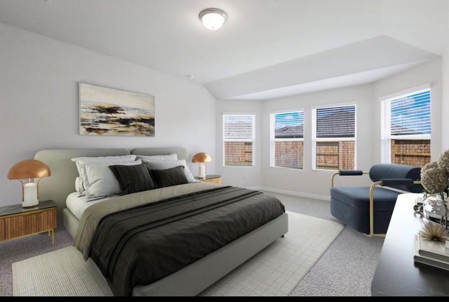 This primary bedroom has been virtually staged to highlight its generous layout, natural light, and potential furniture arrangement. The staging showcases how the space can comfortably accommodate a full bedroom set while emphasizing the room’s bright and relaxing atmosphere.