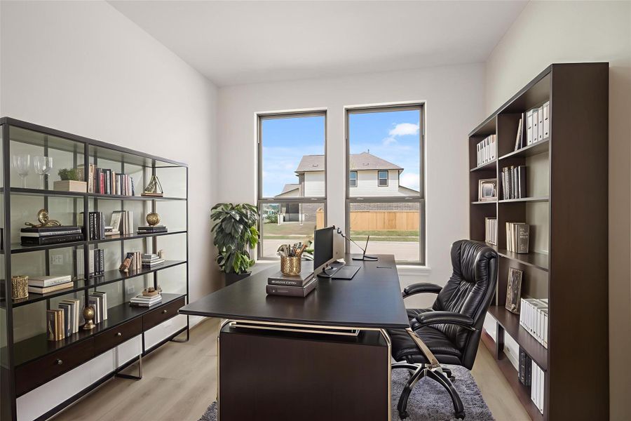 The home office features French doors, beautiful floors, large windows that give a fresh feel, this space promotes focus and creativity. The home office features French doors, beautiful floors, large windows that give a fresh feel, this space promotes focus and creativity.