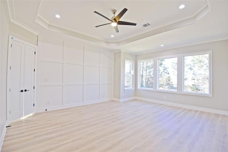 Empty room featuring a raised ceiling, crown molding, ceiling fan, and light hardwood / wood-style floors