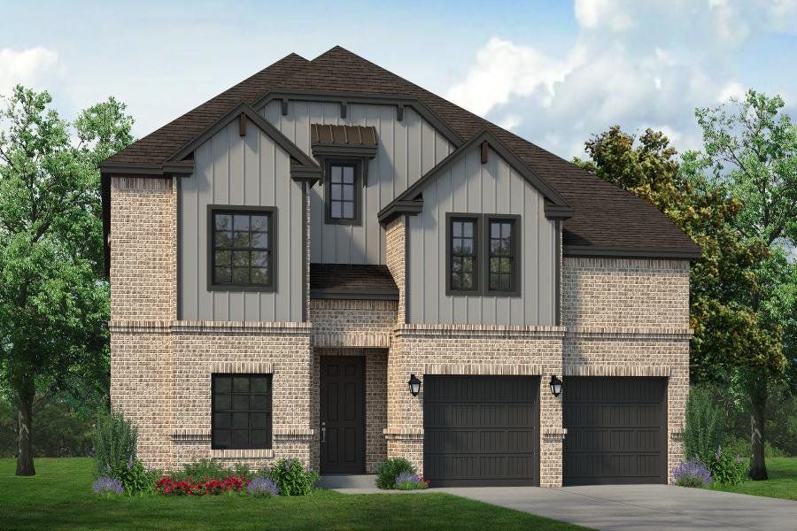 Front exterior of a new home in Timberbrook, Justin, TX, highlighting curb appeal (Image 1). Front exterior of a new home in Timberbrook, Justin, TX, highlighting curb appeal (Image 1).