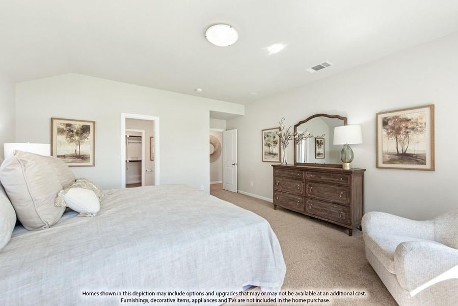 Carpeted master bedroom with wood dresser, vaulted ceiling, walk-in closet, and neutral walls
