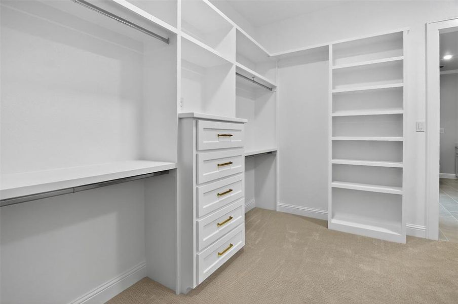 Walk in closet with light colored carpet