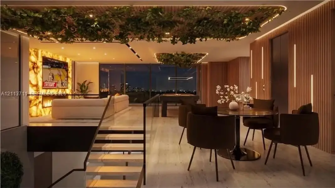 Interior space featuring wood-slat wall paneling, a backlit stone fireplace surround, recessed ceiling lighting, full-height glass walls, and a glass-paneled staircase