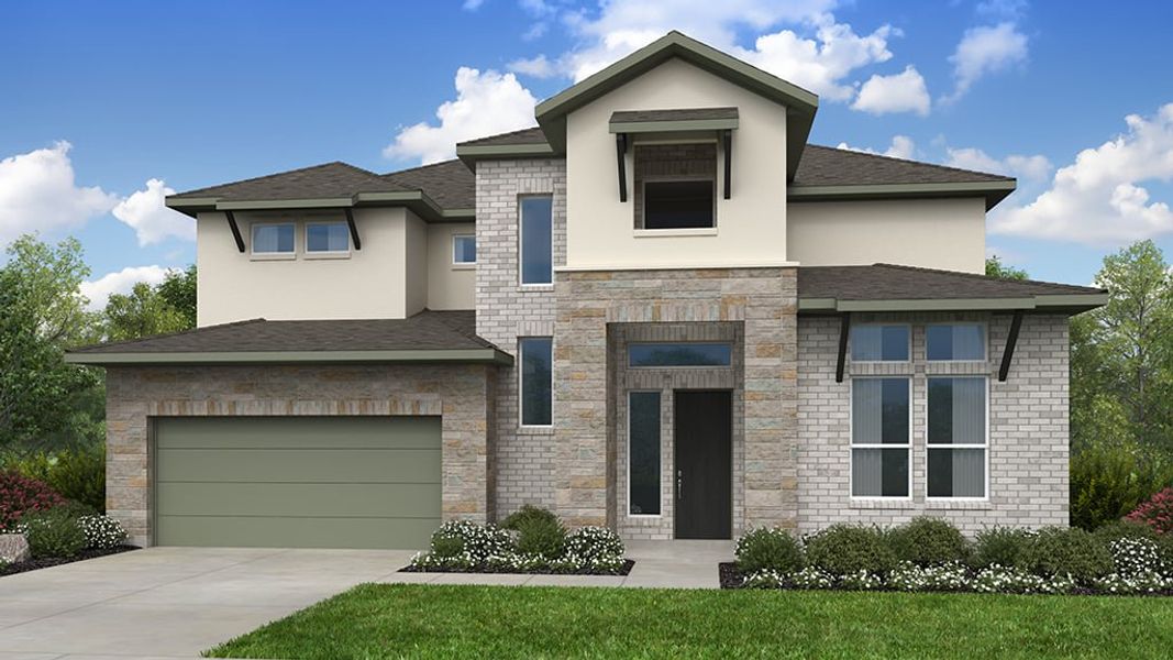 Representative exterior photo of a completed home built from the Mesa by Taylor Morrison in Silverleaf 60s, Cedar Creek, TX (Image 3). Representative exterior photo of a completed home built from the Mesa by Taylor Morrison in Silverleaf 60s, Cedar Creek, TX (Image 3).