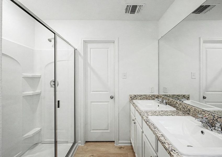 Master bathroom with a double-sink vanity and dual shower and tub.