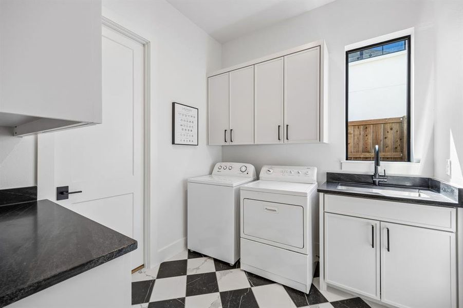 Functional and bright, room for full size washer and dryer, equipped with sink.