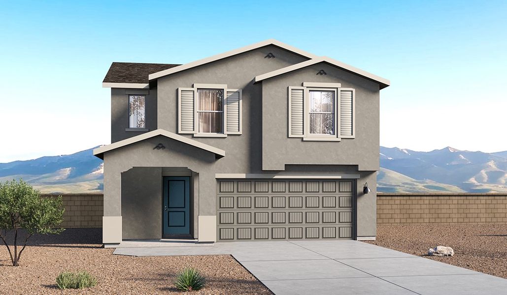Front exterior of a new home in Blackhawk, Tucson, AZ, highlighting curb appeal (Image 1). Front exterior of a new home in Blackhawk, Tucson, AZ, highlighting curb appeal (Image 1).