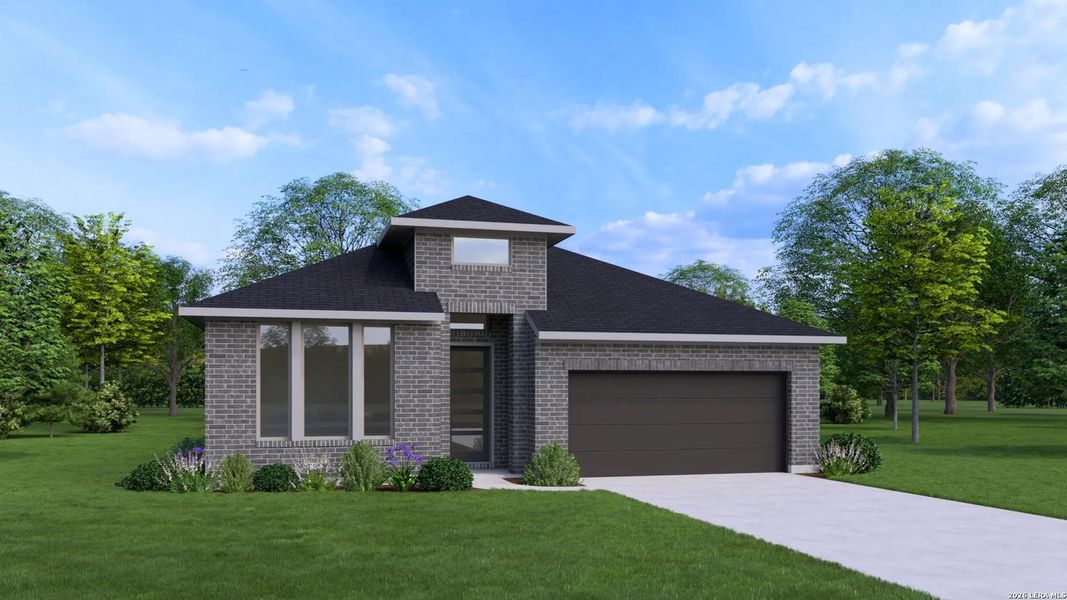 Front exterior of a new home in Ventana - 60', Bulverde, TX, highlighting curb appeal (Image 1). Front exterior of a new home in Ventana - 60', Bulverde, TX, highlighting curb appeal (Image 1).