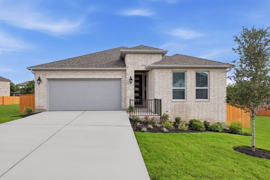 Front exterior of a new home in Parkside on the River, Georgetown, TX, highlighting curb appeal (Image 1). Front exterior of a new home in Parkside on the River, Georgetown, TX, highlighting curb appeal (Image 1).