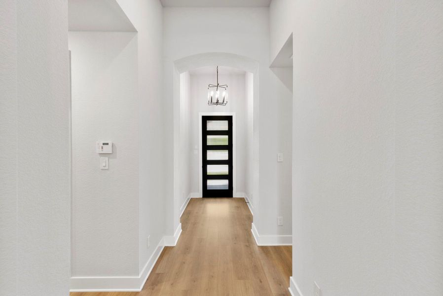 Airy entry hallway with arched ceiling, warm plank floors, and a sleek modern front door.