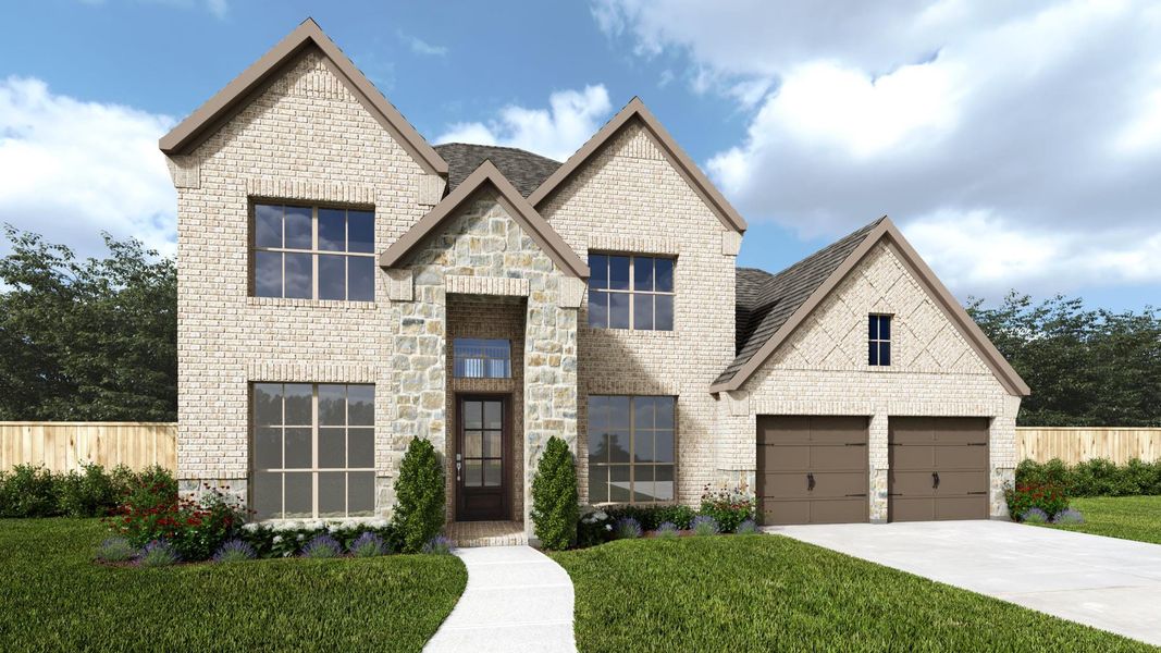 Front exterior of a new home in Katy Court 65', Katy, TX, highlighting curb appeal (Image 1).