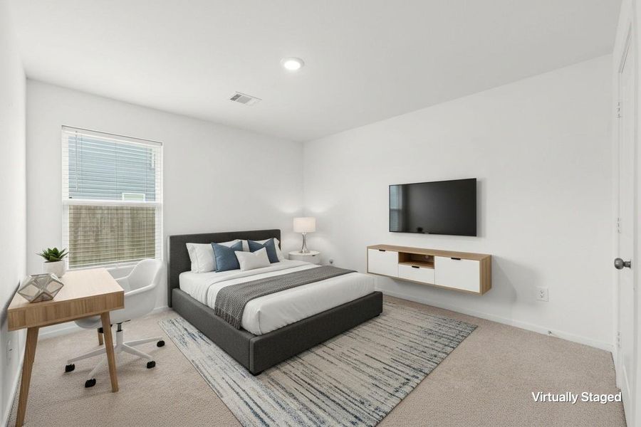 Virtually staged bedroom demonstrates flexible furniture placement with space for a sleeping area, workspace, and entertainment setup. Virtually staged bedroom demonstrates flexible furniture placement with space for a sleeping area, workspace, and entertainment setup.