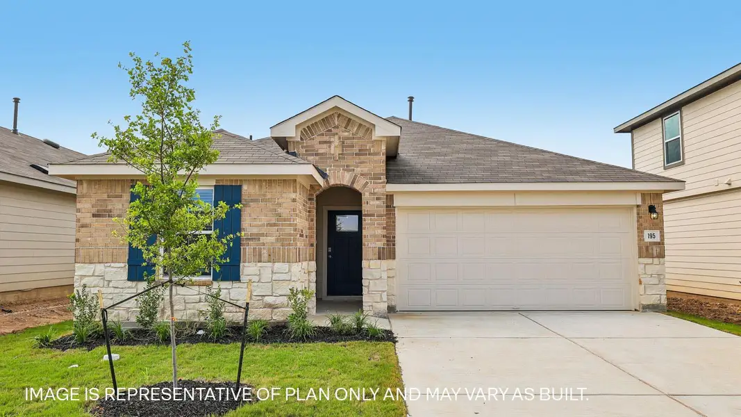 Front exterior of a new home in Prairie Lakes, Buda, TX, highlighting curb appeal (Image 20). Front exterior of a new home in Prairie Lakes, Buda, TX, highlighting curb appeal (Image 20).