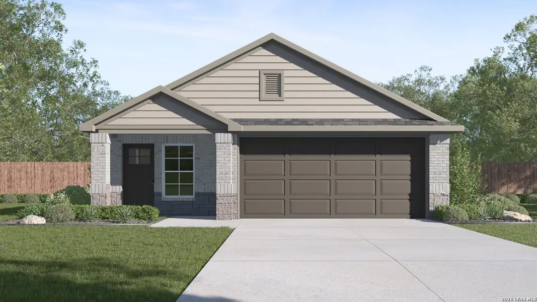 Front exterior of a new home in Mayfair, New Braunfels, TX, highlighting curb appeal (Image 1). Front exterior of a new home in Mayfair, New Braunfels, TX, highlighting curb appeal (Image 1).