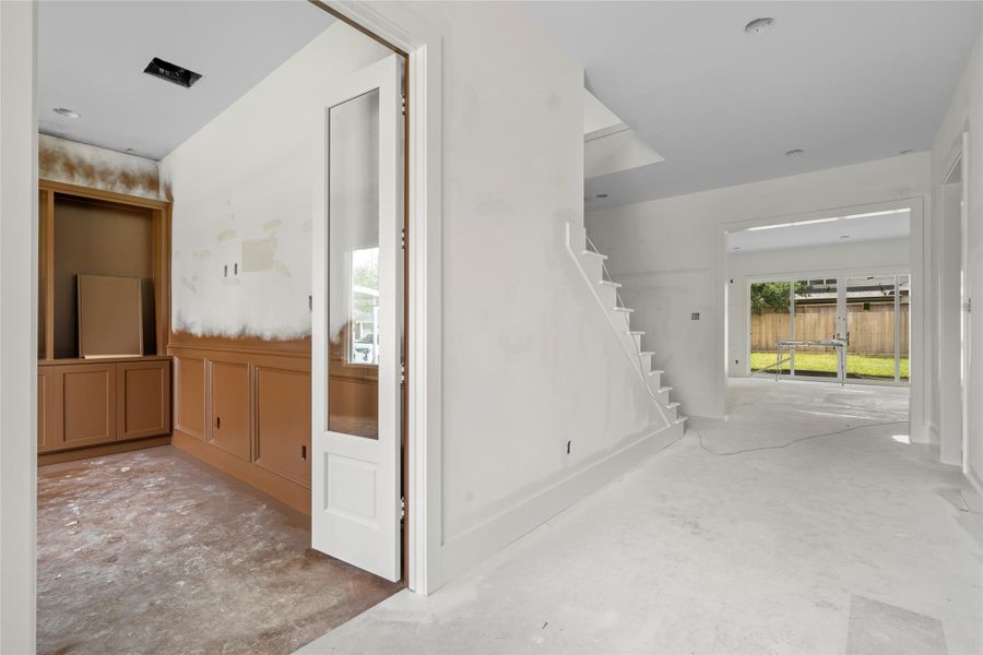 Upon entry you are greeted with a private office with french doors on your left. The entryway flooring will be a herringbone design with white oak flooring. Upon entry you are greeted with a private office with french doors on your left. The entryway flooring will be a herringbone design with white oak flooring.