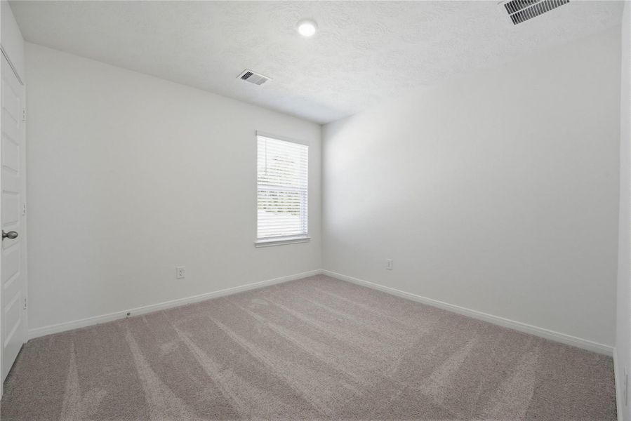 Secondary bedroom features plush carpet, neutral paint, lighting, large window with privacy blinds, and a walk-in closet.