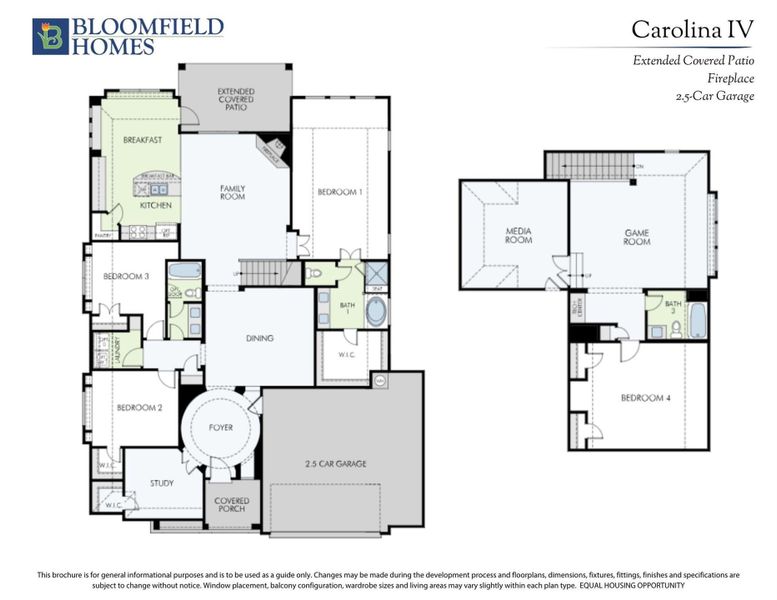 Bloomfield Homes Carolina IV floor plan showing first and second floors with four bedrooms, family room, and 2.5-car garage.