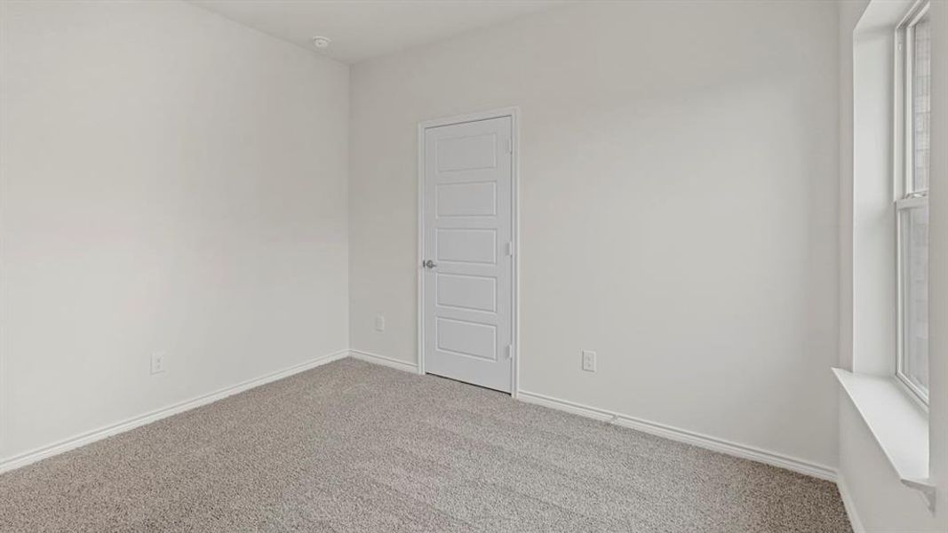 Neutral-toned wall-to-wall carpeting complements light-toned walls