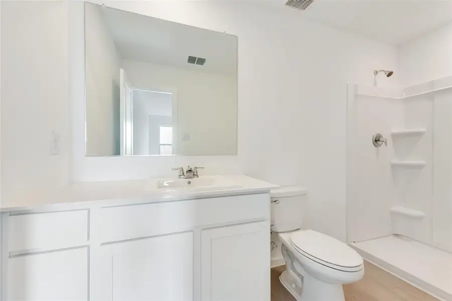 Full bathroom featuring vanity, a stall shower, and wood finished floors
