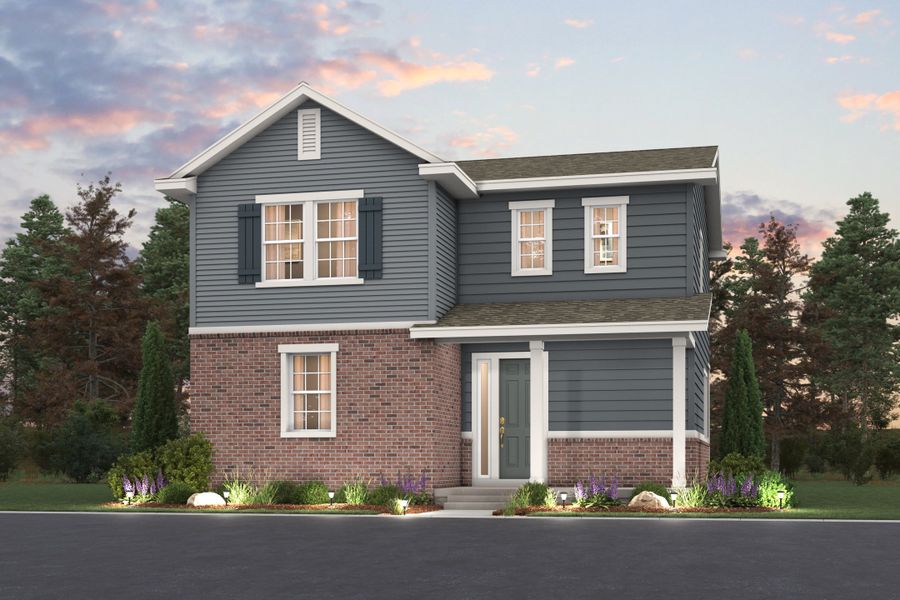 A house with a driveway. Ashton Floorplan home rendering with landscaping Elevation C A house with a driveway. Ashton Floorplan home rendering with landscaping Elevation C