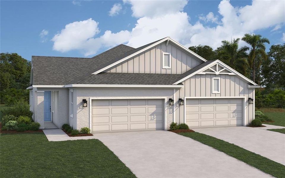 Front exterior of a new home in Fairway Pointe - 55+ Villa Community, Sun City Center, FL, highlighting curb appeal (Image 2).