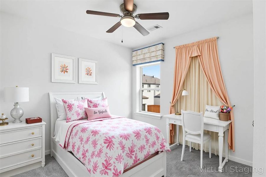 Virtually Staged. Bedroom 2 with ceiling fan.