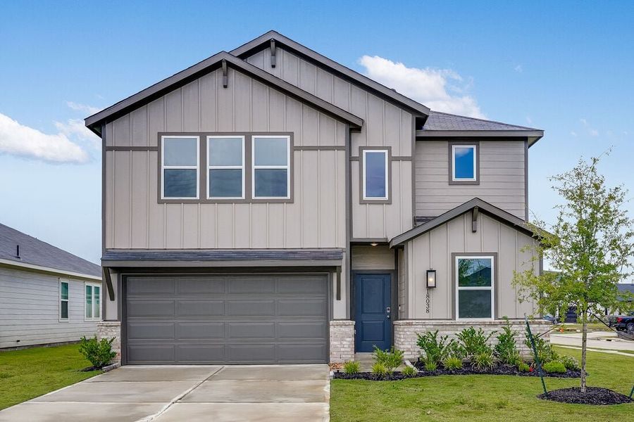 Front exterior of a new home in Redbud 45s, Hockley, TX, highlighting curb appeal (Image 1).