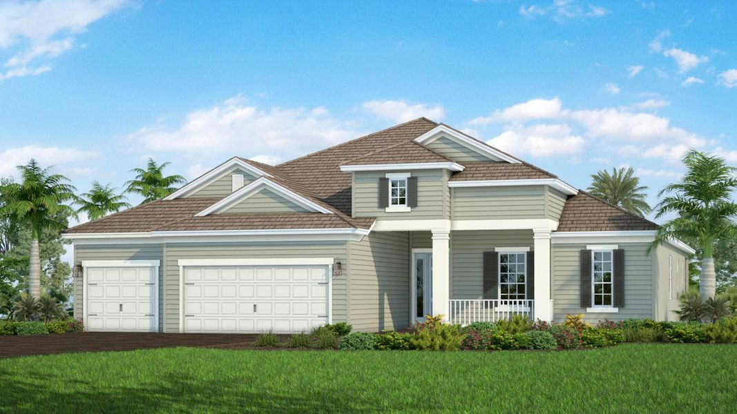 Front exterior of a new home in Boca Royale Golf & Country Club Real Estate and Homes for Sale in Englewood, FL - Neal Communities, Englewood, FL, highlighting curb appeal (Image 20).