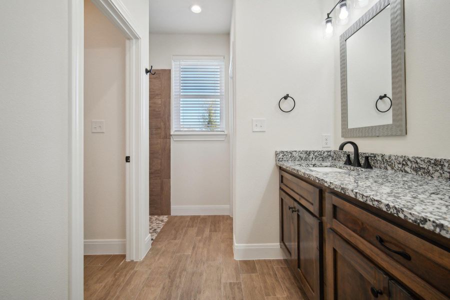 Primary bathroom featuring baseboards, wood tiled floor, a tile shower, and vanity Primary bathroom featuring baseboards, wood tiled floor, a tile shower, and vanity