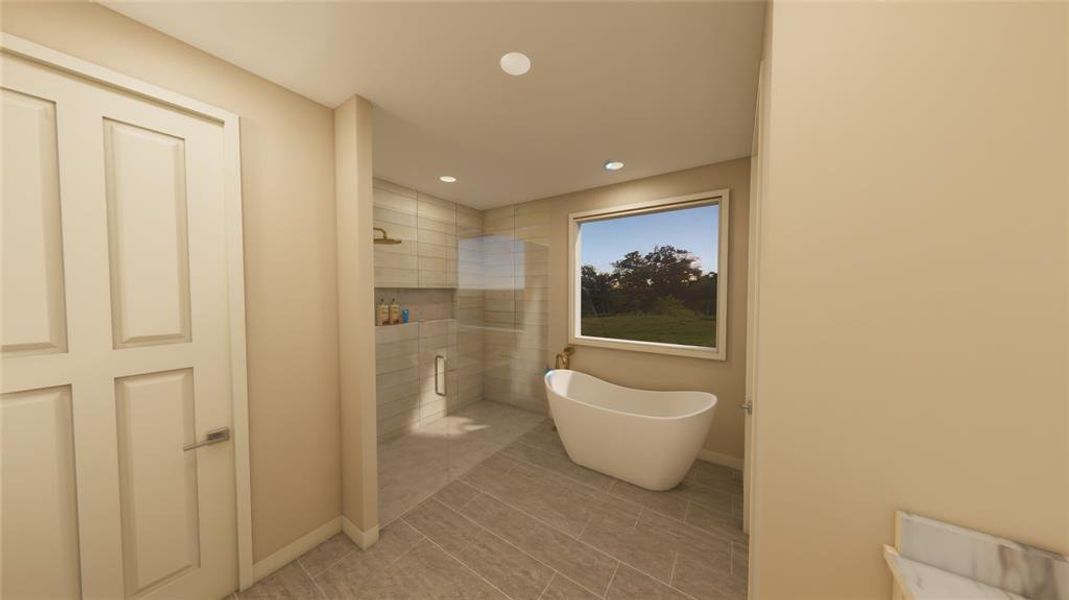 Full bath featuring a freestanding tub, a stall shower, recessed lighting, and light tile patterned floors