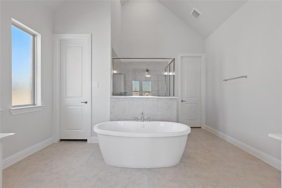 Full bathroom with a shower stall, lofted ceiling, and a freestanding tub