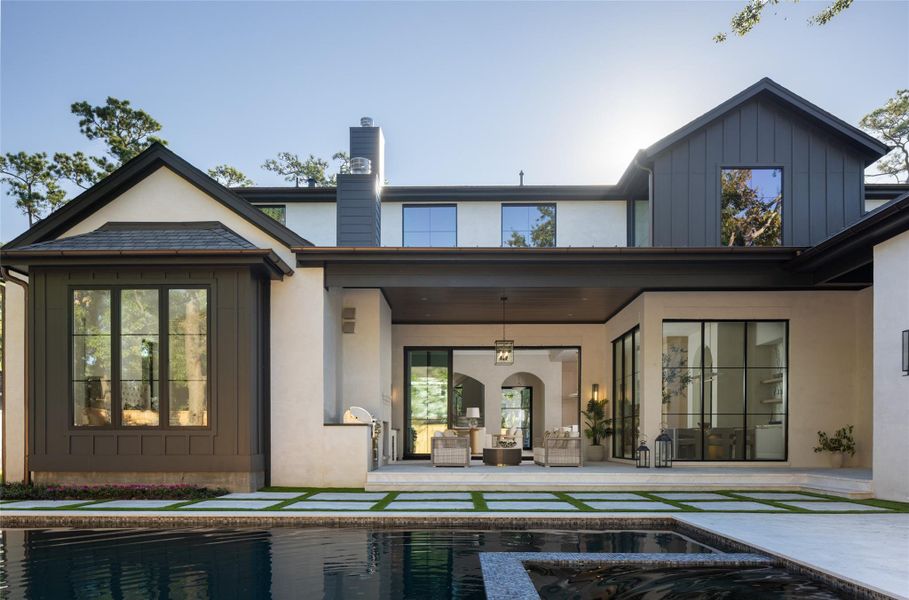 The area overlooks an inviting pool and spa, surrounded by travertine stone decking and lush landscaping designed by Lanson B. Jones & Co. Includes outdoor half bath The area overlooks an inviting pool and spa, surrounded by travertine stone decking and lush landscaping designed by Lanson B. Jones & Co. Includes outdoor half bath