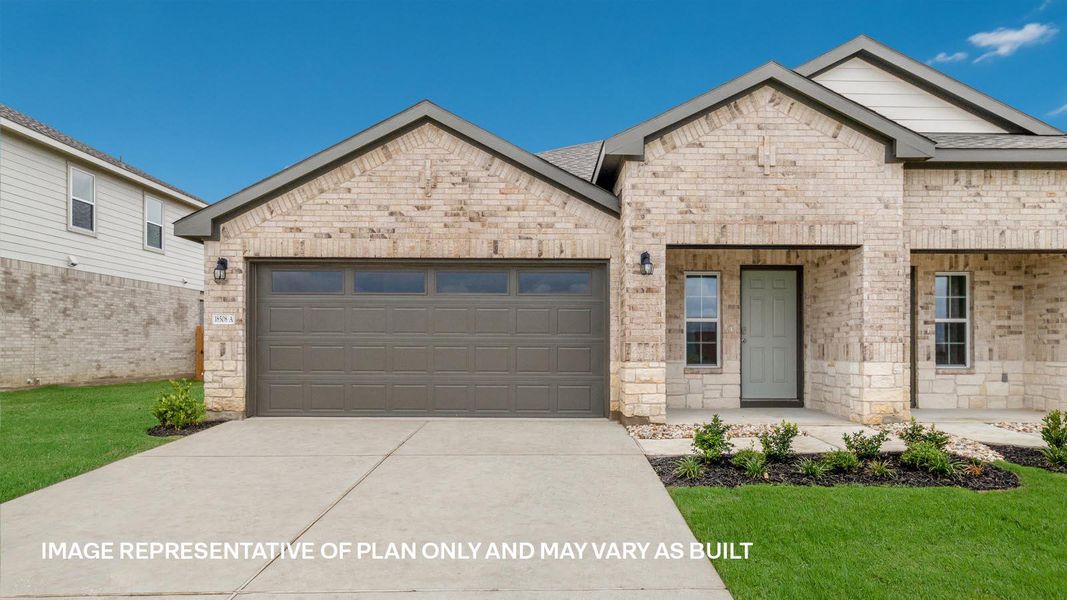 Front exterior of a new home in Palomino, Manor, TX, highlighting curb appeal (Image 2). Front exterior of a new home in Palomino, Manor, TX, highlighting curb appeal (Image 2).