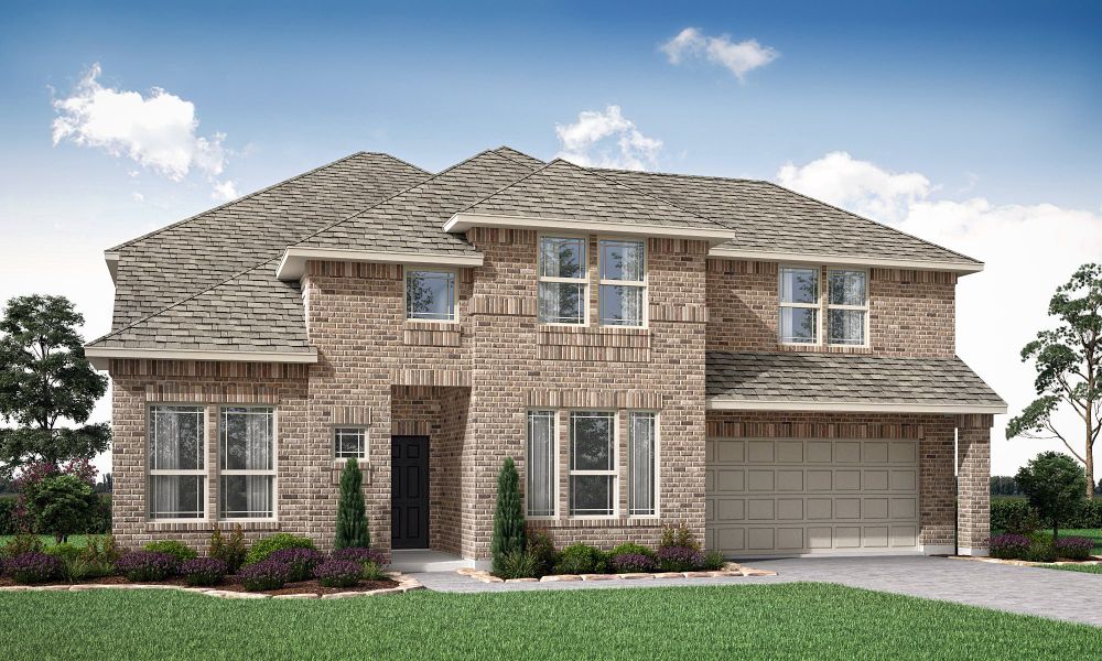 Two-story brick home with two-car garage, multiple windows, and landscaped front yard, Elevation B rendering