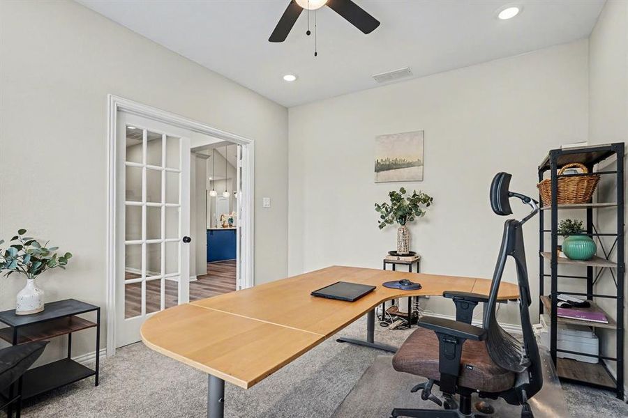 Office featuring french doors, a ceiling fan, recessed lighting, and light carpet