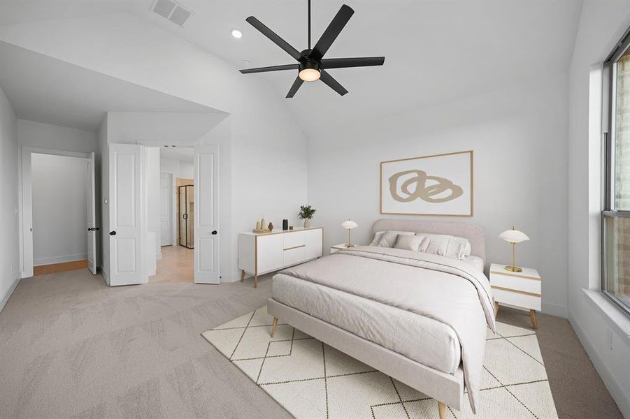 Bedroom with light carpet, ceiling fan, recessed lighting, and high vaulted ceiling