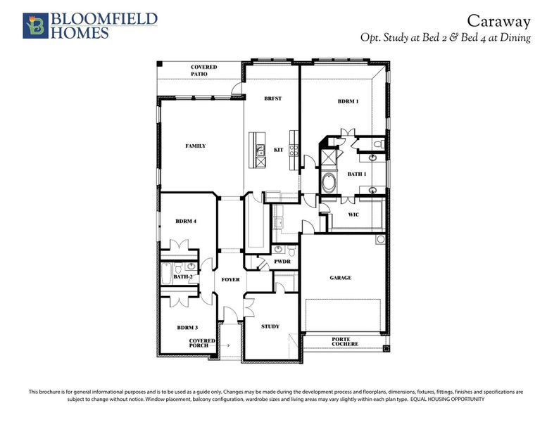 Bloomfield Homes Caraway floor plan with four bedrooms, two bathrooms, family room, kitchen, study, garage, and covered patio. Bloomfield Homes Caraway floor plan with four bedrooms, two bathrooms, family room, kitchen, study, garage, and covered patio.
