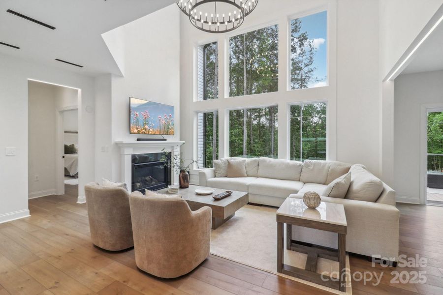 The great room with a wall of windows