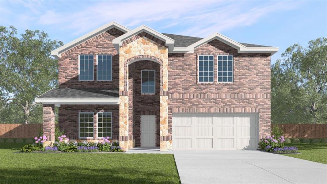 View of front property with a garage and a front yard