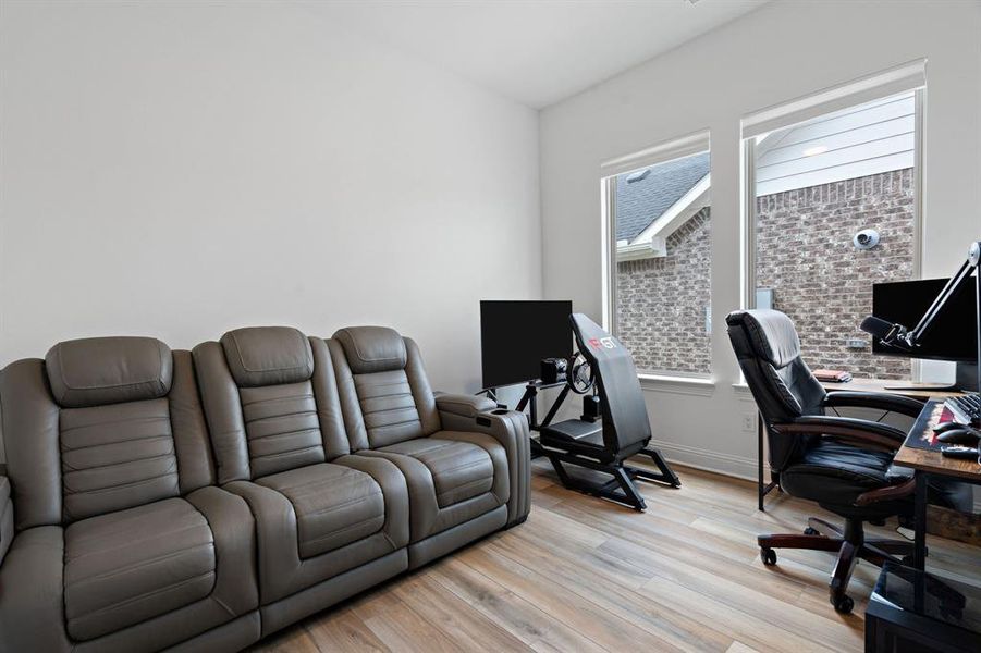 The dedicated office has many uses. Currently being used as an office, media room and gamer's corner. The dedicated office has many uses. Currently being used as an office, media room and gamer's corner.