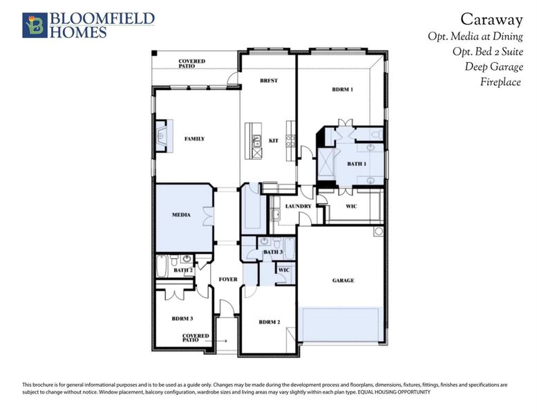 Bloomfield Homes Caraway floor plan with three bedrooms, media room, three bathrooms, and garage with covered patios.
